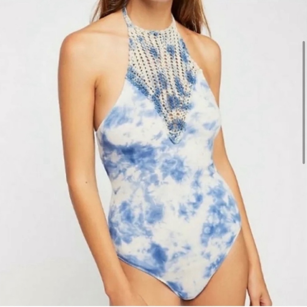 Free People Mae Bodysuit Tie Dye Blue Crochet medium NWT